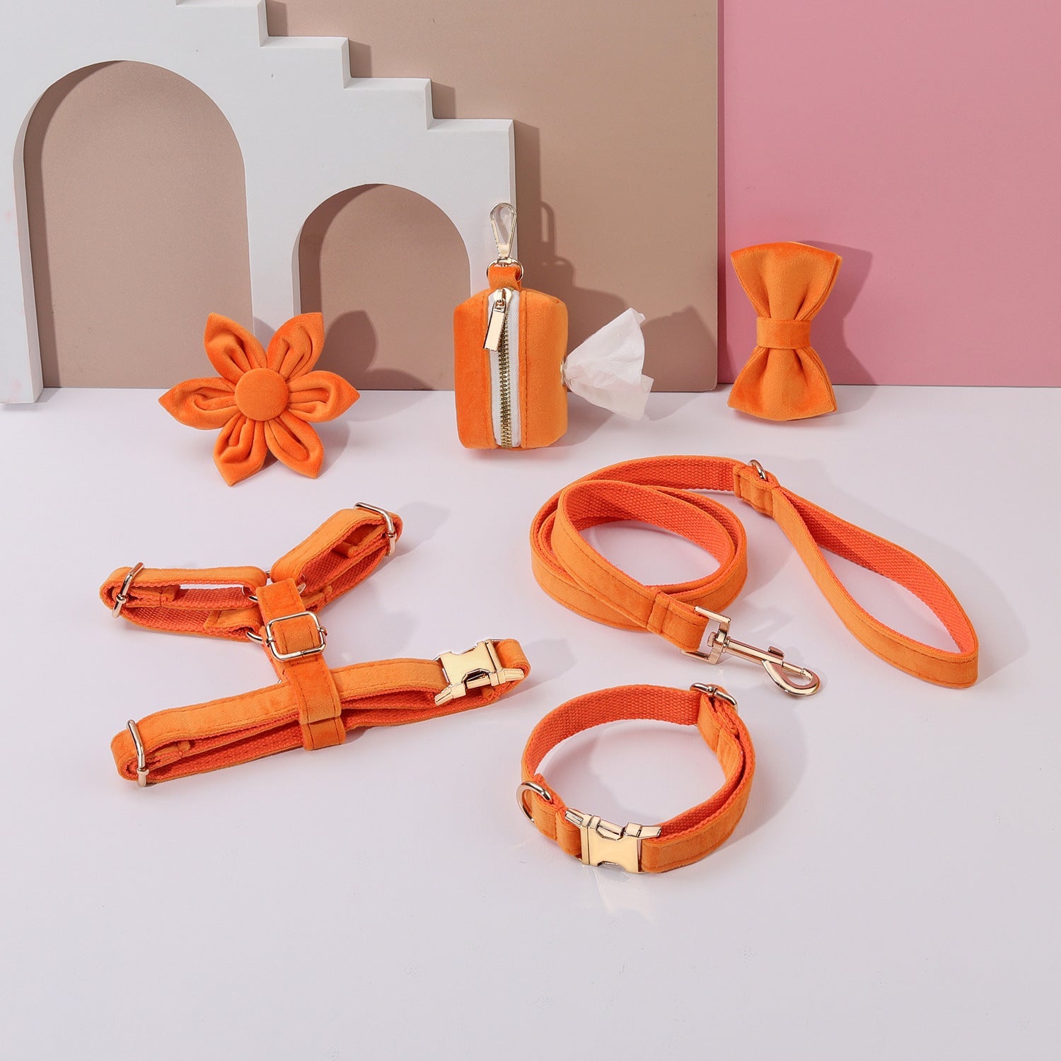 HKM-949267 Classic Velvet Soft Pet Collar and Traction Rope Set with Bow Tie and Flower