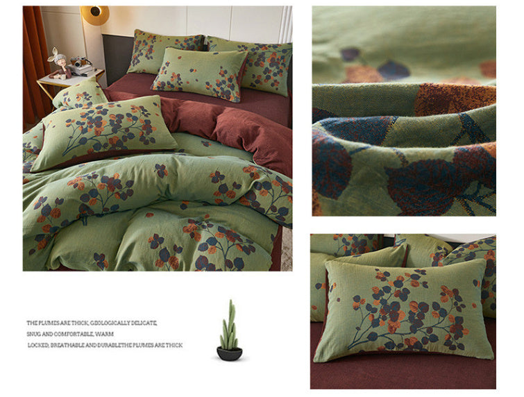 HKM-949907 Luxurious Class A Cotton Quilt Cover and Pillowcases Set in Autumn Leaves Red, 220x240cm