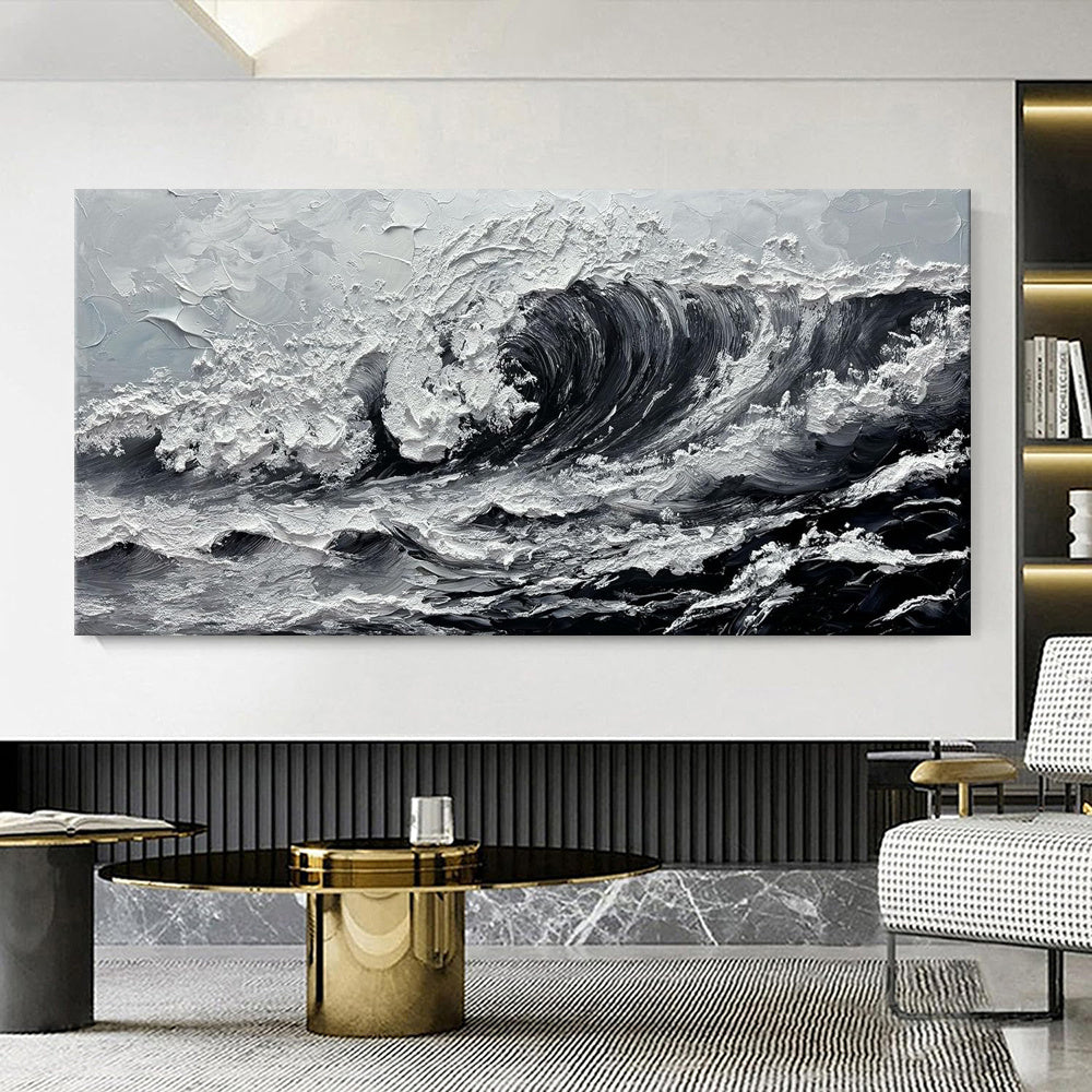 HKM-950163 Large Gray and White Seawaves Seascape Oil Painting on Canvas - Handmade Thick Wall Art for Modern Living Spaces