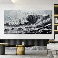 HKM-950163 Large Gray and White Seawaves Seascape Oil Painting on Canvas - Handmade Thick Wall Art for Modern Living Spaces