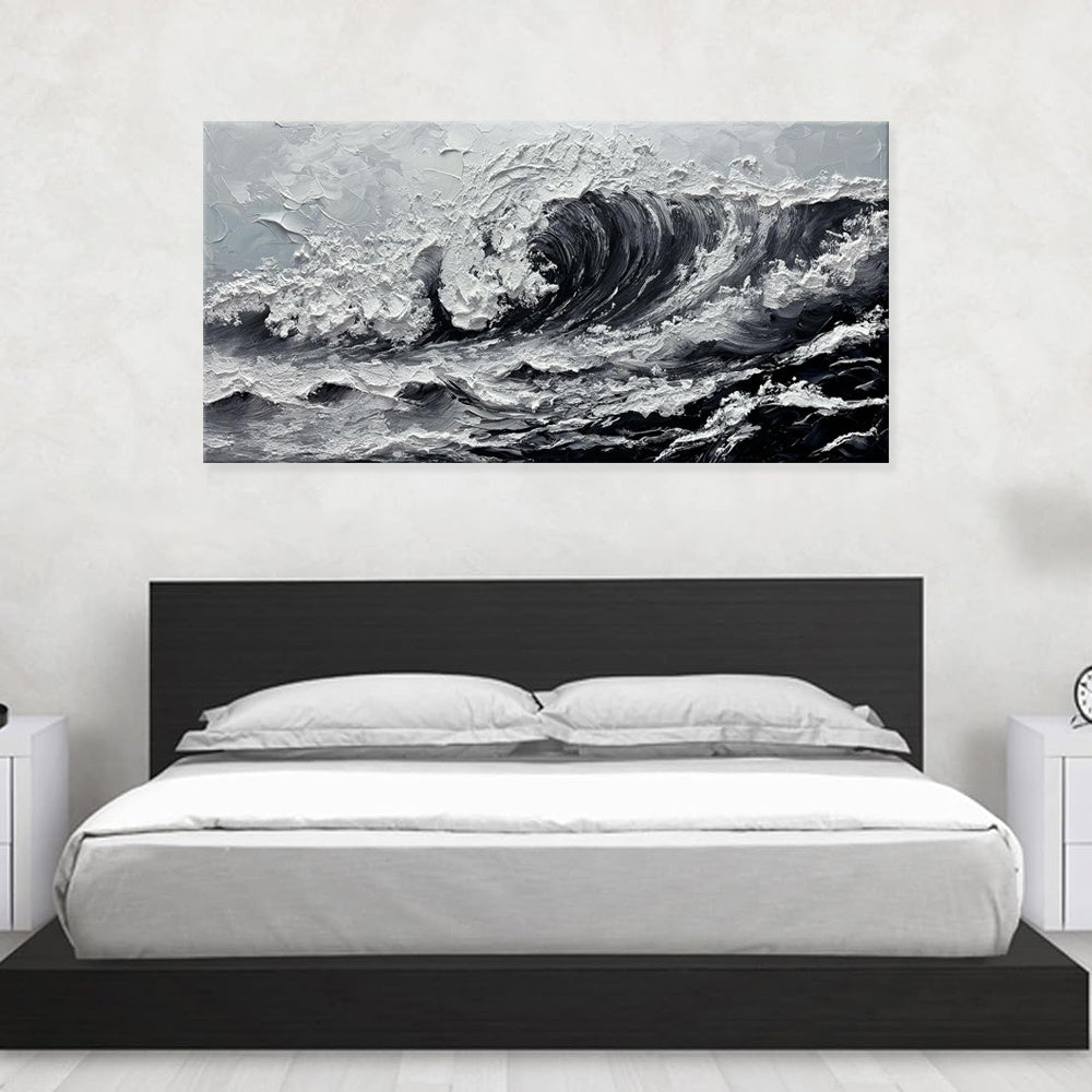 HKM-950163 Large Gray and White Seawaves Seascape Oil Painting on Canvas - Handmade Thick Wall Art for Modern Living Spaces