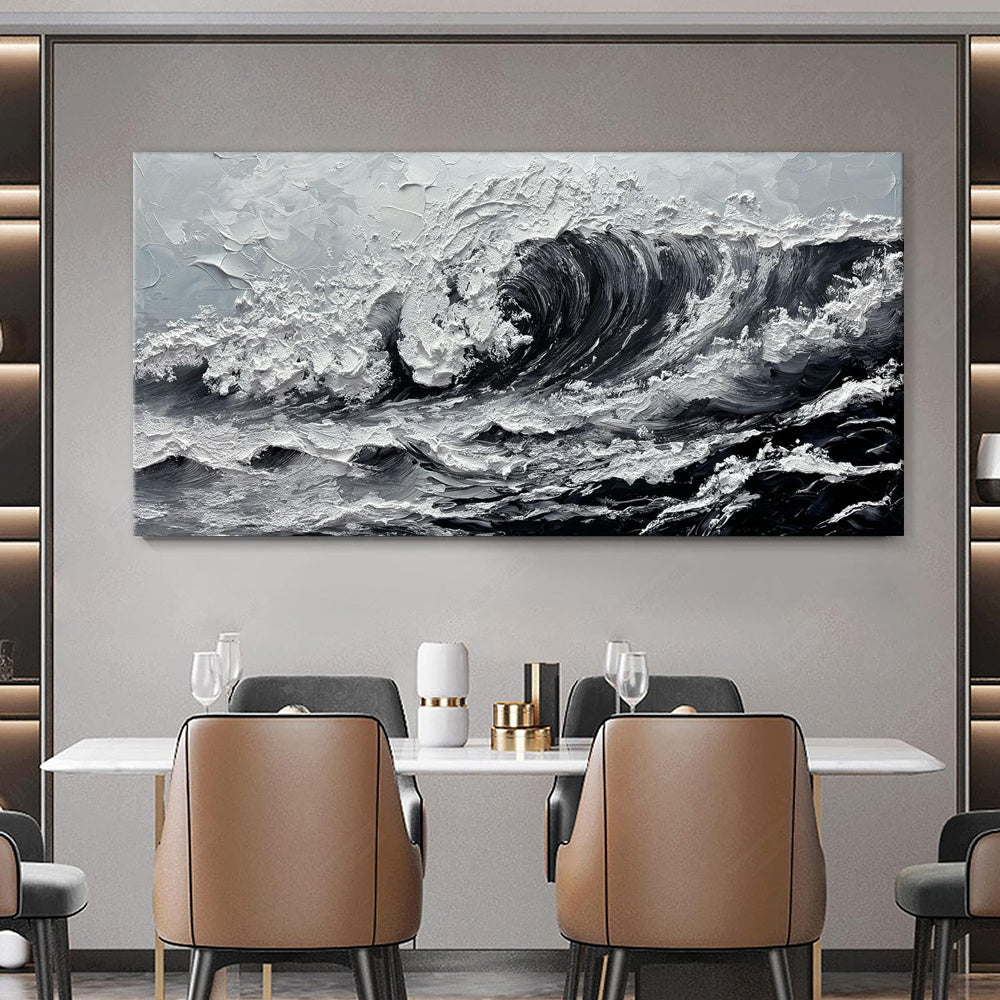 HKM-950163 Large Gray and White Seawaves Seascape Oil Painting on Canvas - Handmade Thick Wall Art for Modern Living Spaces