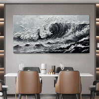 HKM-950163 Large Gray and White Seawaves Seascape Oil Painting on Canvas - Handmade Thick Wall Art for Modern Living Spaces