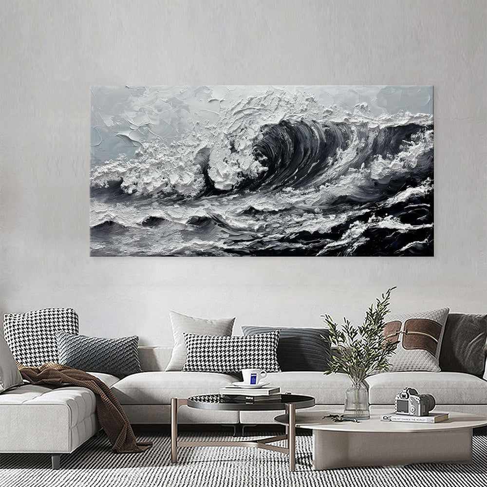 HKM-950163 Large Gray and White Seawaves Seascape Oil Painting on Canvas - Handmade Thick Wall Art for Modern Living Spaces