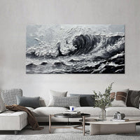 HKM-950163 Large Gray and White Seawaves Seascape Oil Painting on Canvas - Handmade Thick Wall Art for Modern Living Spaces