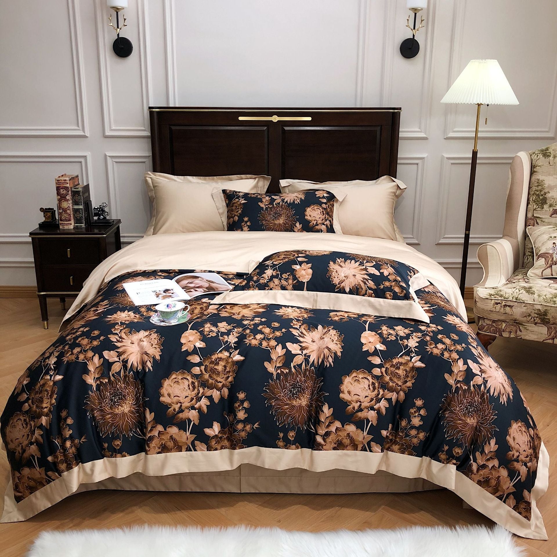 HKM-951379 European Style Cotton Digital Printing Four-Piece Bed Set with Floral Embroidery