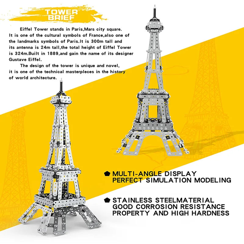 KTX-951955 3D Metal Paris Tower Model Building Block Toy for DIY Assembly and Education, Stainless Steel Construction