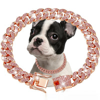 HKM-952531 Cuban Link Chain Pet Necklace for Small, Medium & Large Dogs and Cats - Available in Gold, Silver, Rose Gold, and Pink Diamond