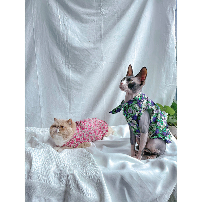 HKM-952787 Summer Floral Dress for Hairless Cats, Cotton Material, Available in Red and Purple, Sizes M to XXL