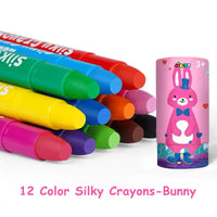 HKM-953107 Silky Crayon Set for Kids - 12 Non-toxic Colors in Cylinder Box, Erasable and Safe for Ages 3+
