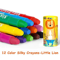 HKM-953107 Silky Crayon Set for Kids - 12 Non-toxic Colors in Cylinder Box, Erasable and Safe for Ages 3+