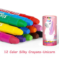 HKM-953107 Silky Crayon Set for Kids - 12 Non-toxic Colors in Cylinder Box, Erasable and Safe for Ages 3+