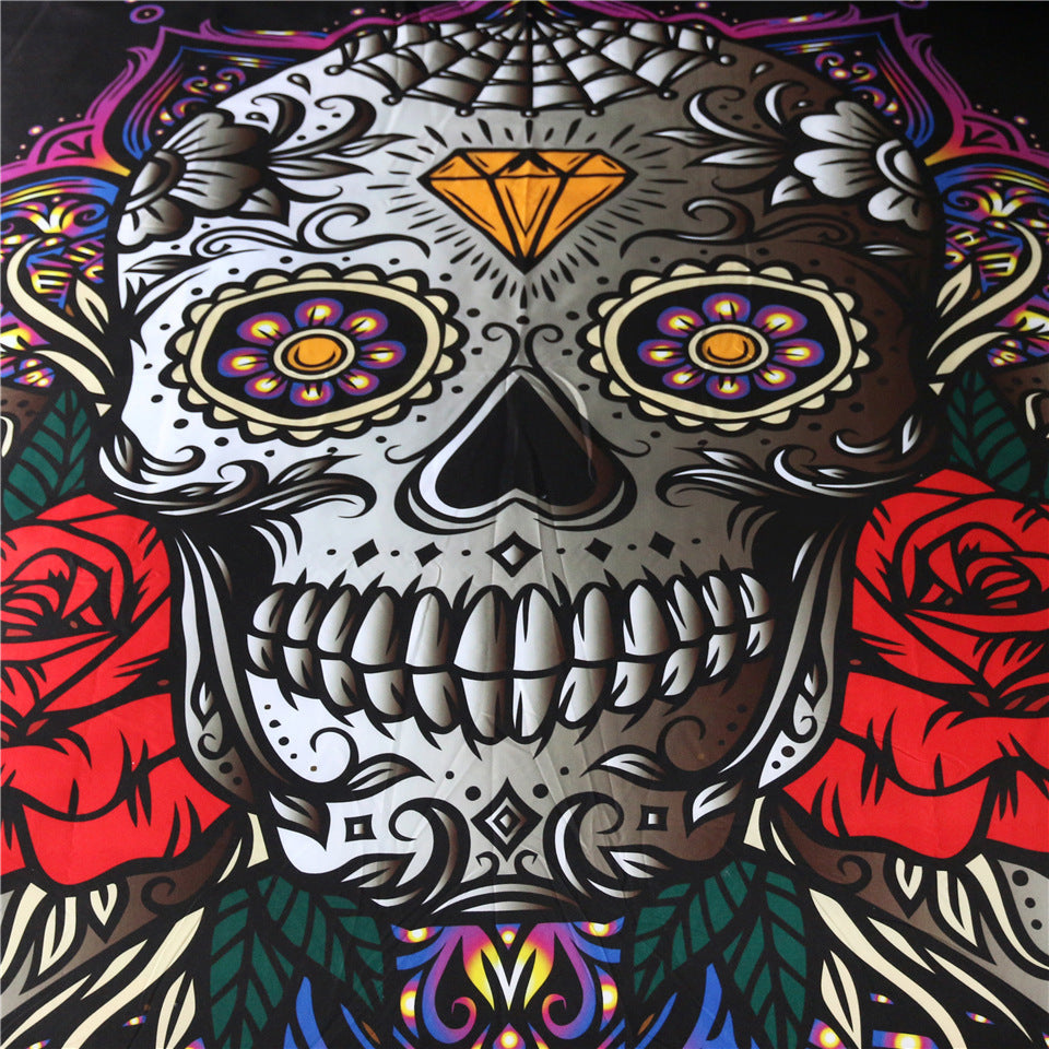HKM-953683 Skull-Themed Three-Piece Polyester Bedding Set with Geometric Pattern