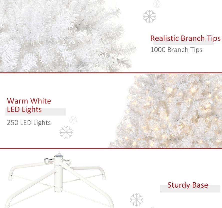 HKM-953811 6ft Pre-Lit White Christmas Tree with 250 Warm White LED Lights and Metal Stand for Home Decor