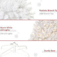 HKM-953811 6ft Pre-Lit White Christmas Tree with 250 Warm White LED Lights and Metal Stand for Home Decor