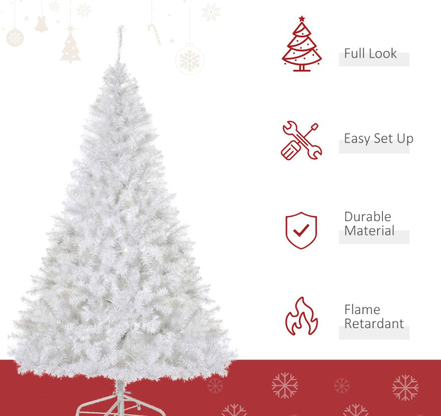 HKM-953811 6ft Pre-Lit White Christmas Tree with 250 Warm White LED Lights and Metal Stand for Home Decor