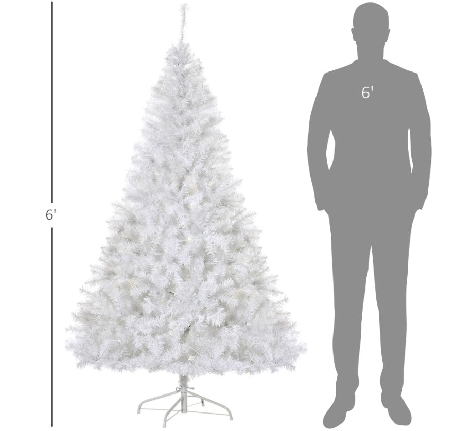 HKM-953811 6ft Pre-Lit White Christmas Tree with 250 Warm White LED Lights and Metal Stand for Home Decor