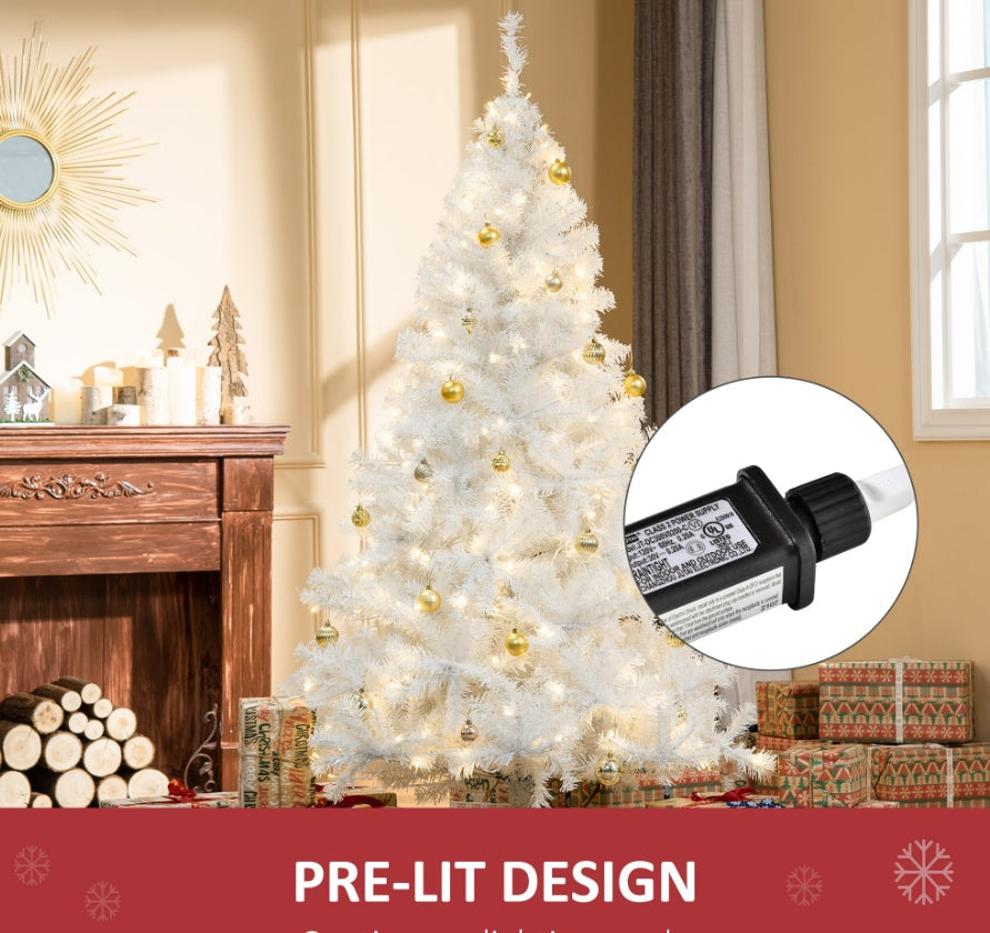 HKM-953811 6ft Pre-Lit White Christmas Tree with 250 Warm White LED Lights and Metal Stand for Home Decor