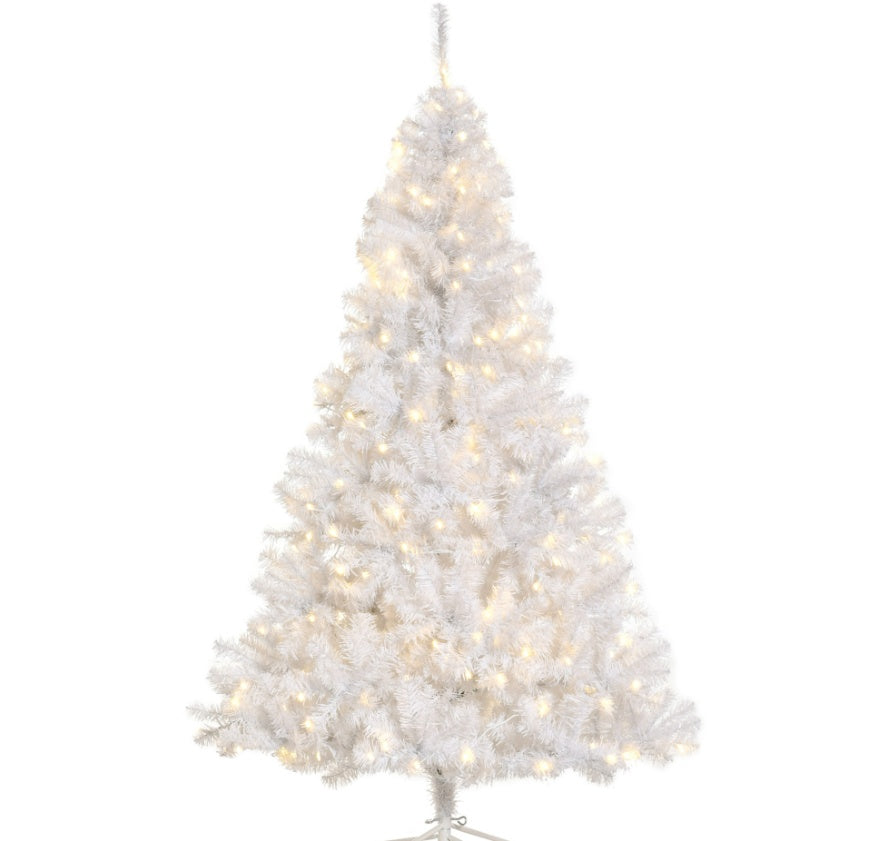 HKM-953811 6ft Pre-Lit White Christmas Tree with 250 Warm White LED Lights and Metal Stand for Home Decor