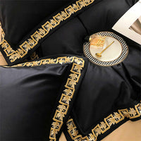 HKM-954835 Long-Staple Cotton Four-Piece Embroidered Bed Set in Black and White
