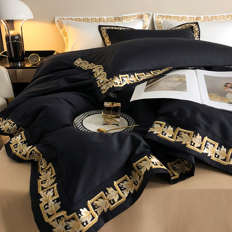 HKM-954835 Long-Staple Cotton Four-Piece Embroidered Bed Set in Black and White