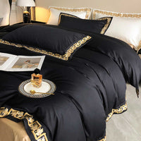 HKM-954835 Long-Staple Cotton Four-Piece Embroidered Bed Set in Black and White