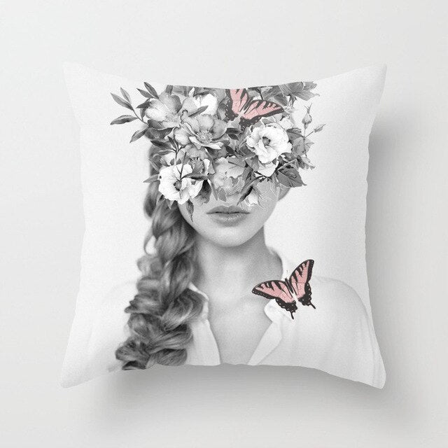HKM-954899 Abstract Floral Print Cushion Cover - Peach Skin Fabric, 45cm x 45cm