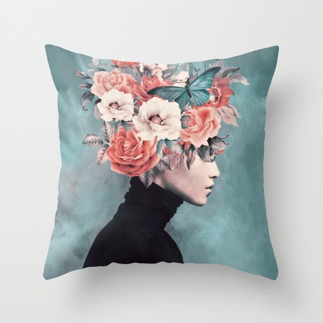 HKM-954899 Abstract Floral Print Cushion Cover - Peach Skin Fabric, 45cm x 45cm