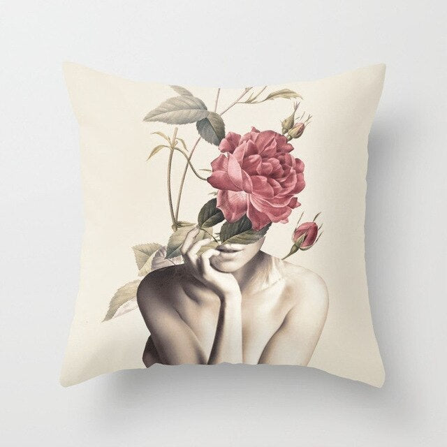 HKM-954899 Abstract Floral Print Cushion Cover - Peach Skin Fabric, 45cm x 45cm