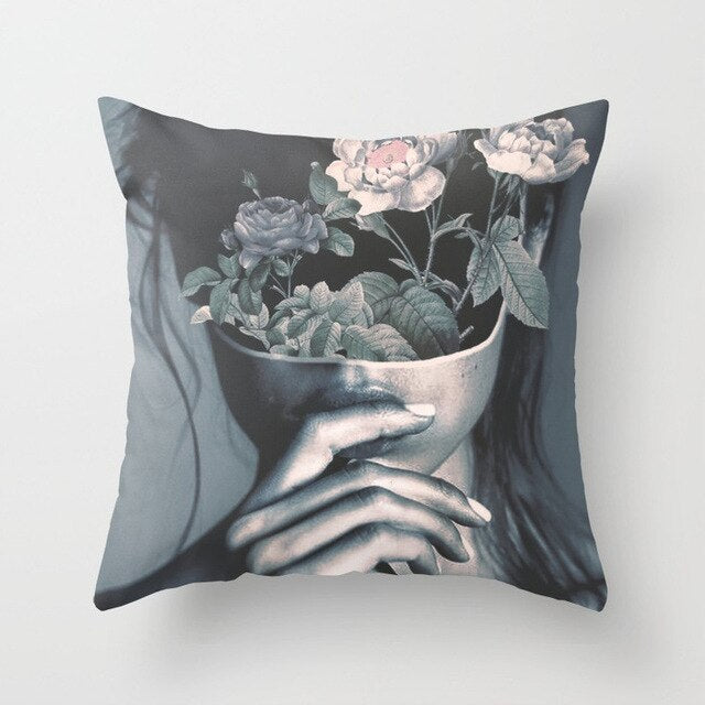 HKM-954899 Abstract Floral Print Cushion Cover - Peach Skin Fabric, 45cm x 45cm