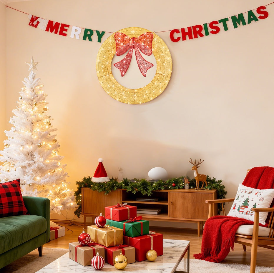 HKM-955475 LED Metal Christmas Wreath Decoration in Green and Yellow - 35 IN & 48 IN Options