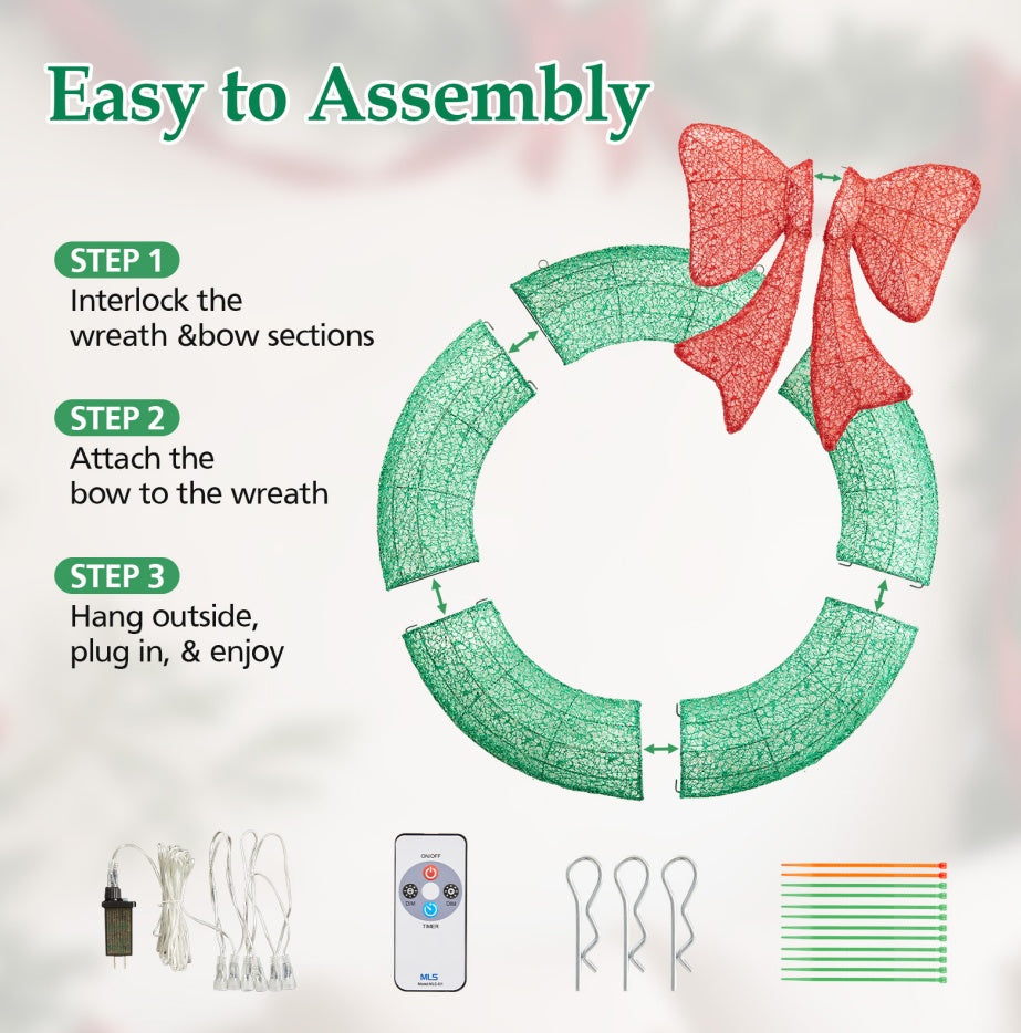 HKM-955475 LED Metal Christmas Wreath Decoration in Green and Yellow - 35 IN & 48 IN Options