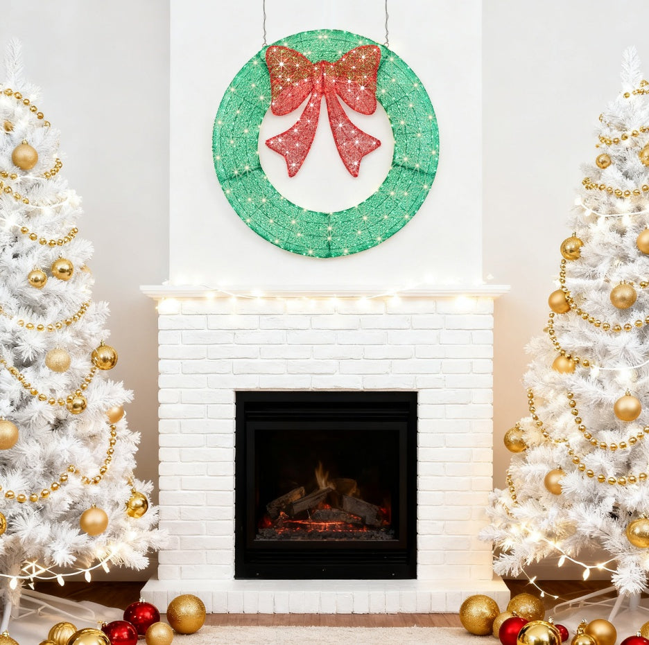 HKM-955475 LED Metal Christmas Wreath Decoration in Green and Yellow - 35 IN & 48 IN Options