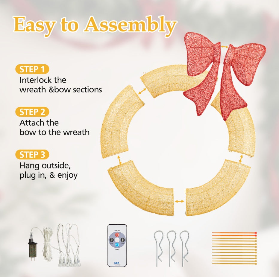 HKM-955475 LED Metal Christmas Wreath Decoration in Green and Yellow - 35 IN & 48 IN Options