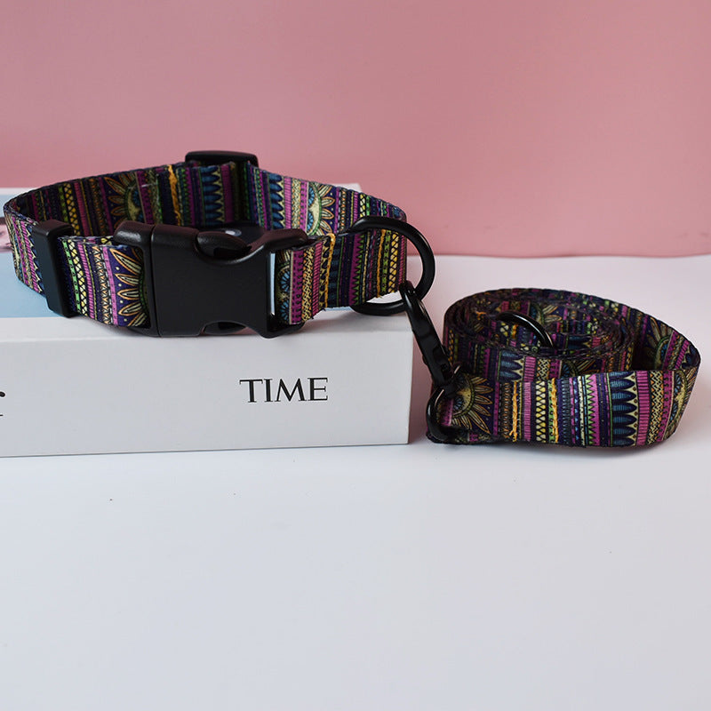 HKM-955539 Ethnic Style Nylon Pet Collar and Leash Set for Outdoor Dog Walking