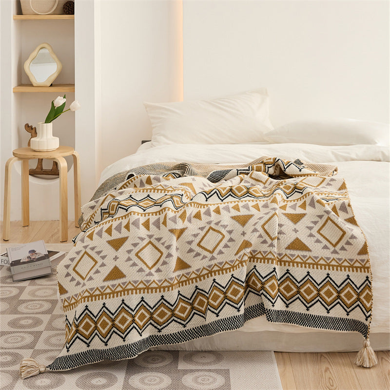HKM-955667 Bohemian Geometric Pattern Tassel Blanket in Red, Yellow, and Gray – Multiple Sizes Available