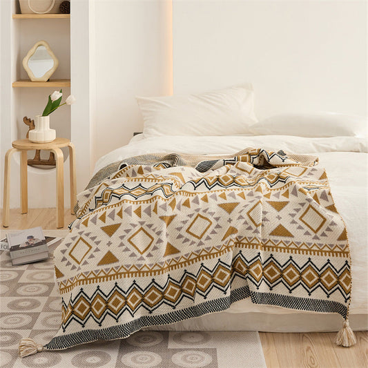 HKM-955667 Bohemian Geometric Pattern Tassel Blanket in Red, Yellow, and Gray – Multiple Sizes Available