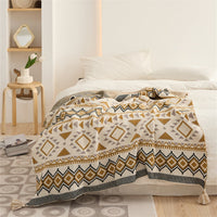 HKM-955667 Bohemian Geometric Pattern Tassel Blanket in Red, Yellow, and Gray – Multiple Sizes Available