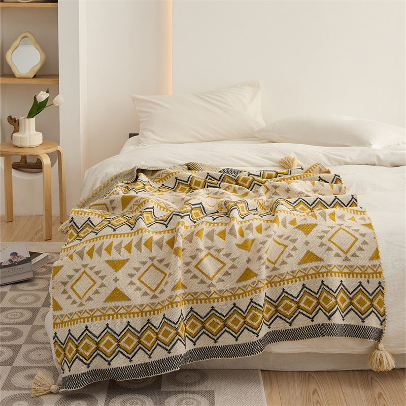 HKM-955667 Bohemian Geometric Pattern Tassel Blanket in Red, Yellow, and Gray – Multiple Sizes Available