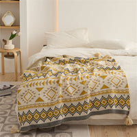 HKM-955667 Bohemian Geometric Pattern Tassel Blanket in Red, Yellow, and Gray – Multiple Sizes Available