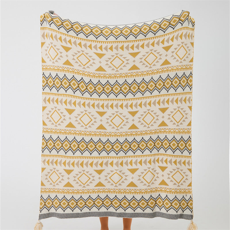 HKM-955667 Bohemian Geometric Pattern Tassel Blanket in Red, Yellow, and Gray – Multiple Sizes Available