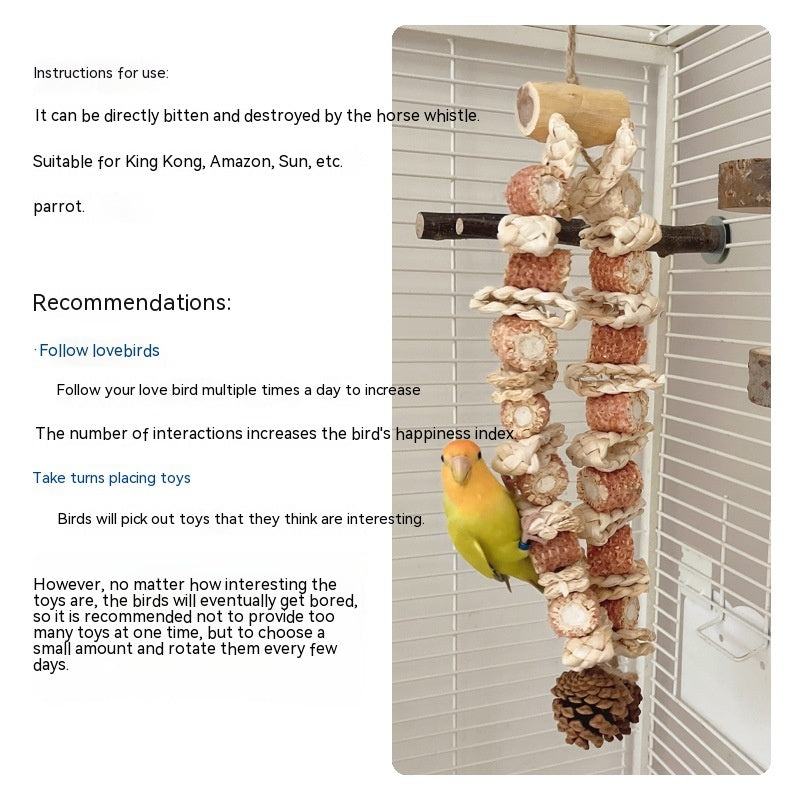 HKM-955923 Bird Grinding Biting Toy for Medium and Large Parrots - Natural Wooden Design