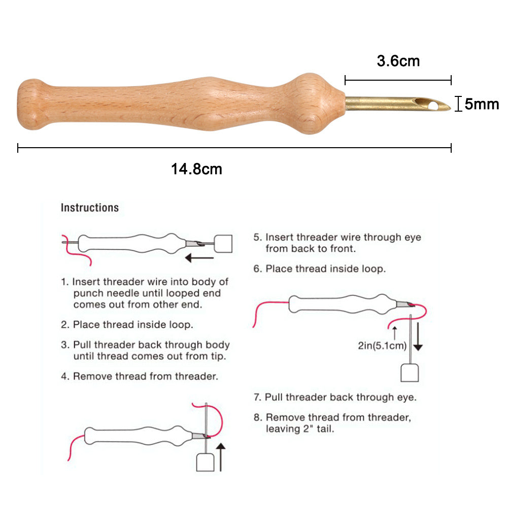 HKM-956499 Wooden Embroidery Needle Set with Threader - 14.8cm Poke Tool for Decorative Stitching