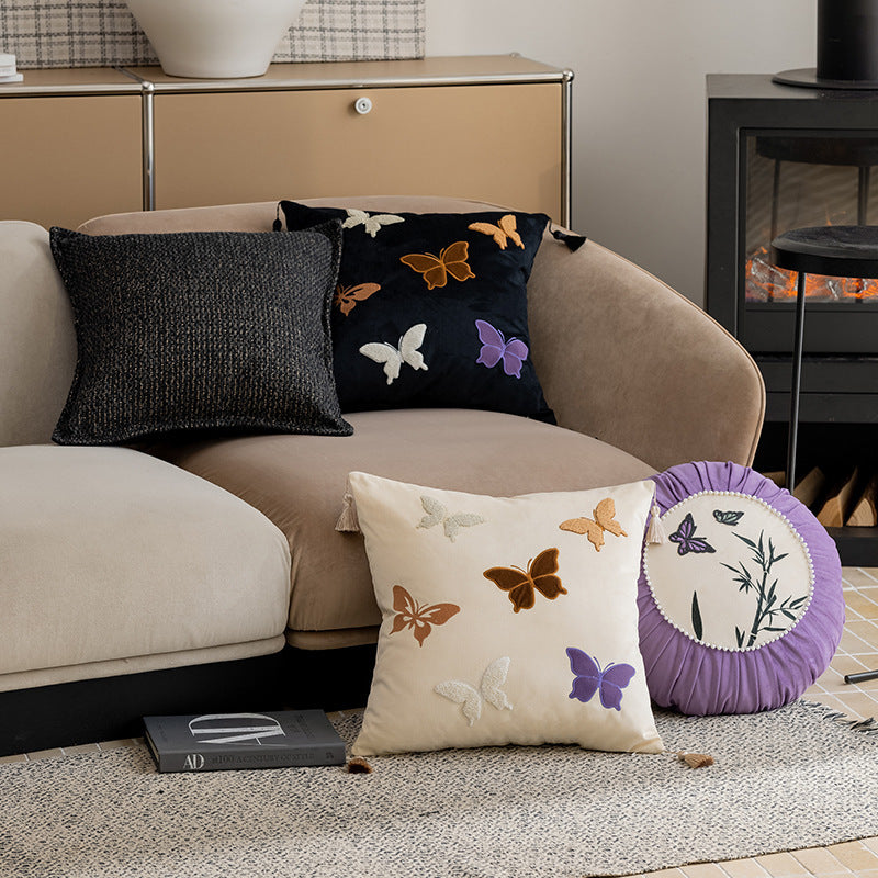 KTX-956627 Chinese Style Butterfly Embroidery Pillow in Beige, Black, and Purple - 45x45cm