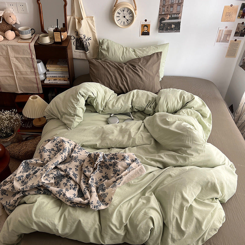 HKM-957139 Super Soft Washed Cotton Four-Piece Bedding Set in Solid Colors for Various Bed Sizes
