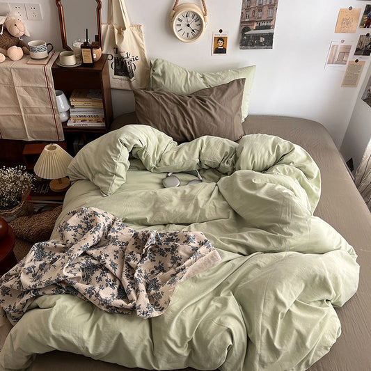 HKM-957139 Super Soft Washed Cotton Four-Piece Bedding Set in Solid Colors for Various Bed Sizes