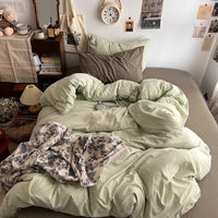 HKM-957139 Super Soft Washed Cotton Four-Piece Bedding Set in Solid Colors for Various Bed Sizes