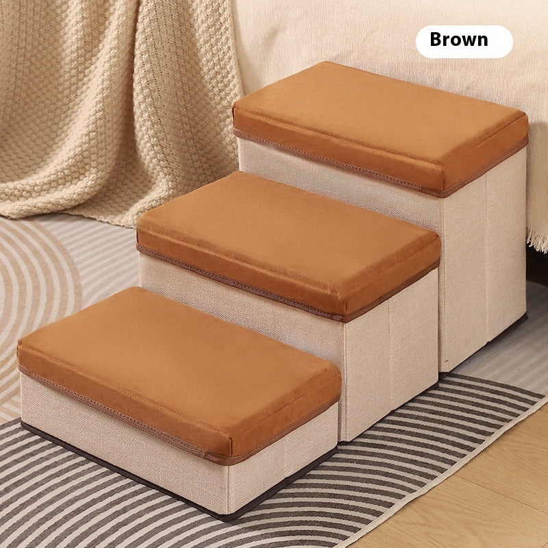 HKM-958611 Foldable Non-Slip Dog Ladder with Storage - Thickened 3-Step Pet Stairs in Brown or Gray