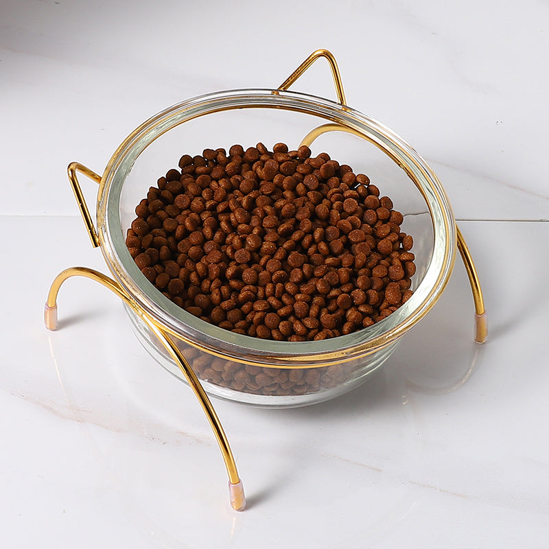 HKM-959635 Elegant Cat Glass Bowl with Iron Stand for Small and Medium Pets