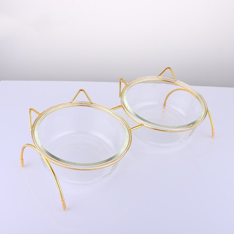 HKM-959635 Elegant Cat Glass Bowl with Iron Stand for Small and Medium Pets